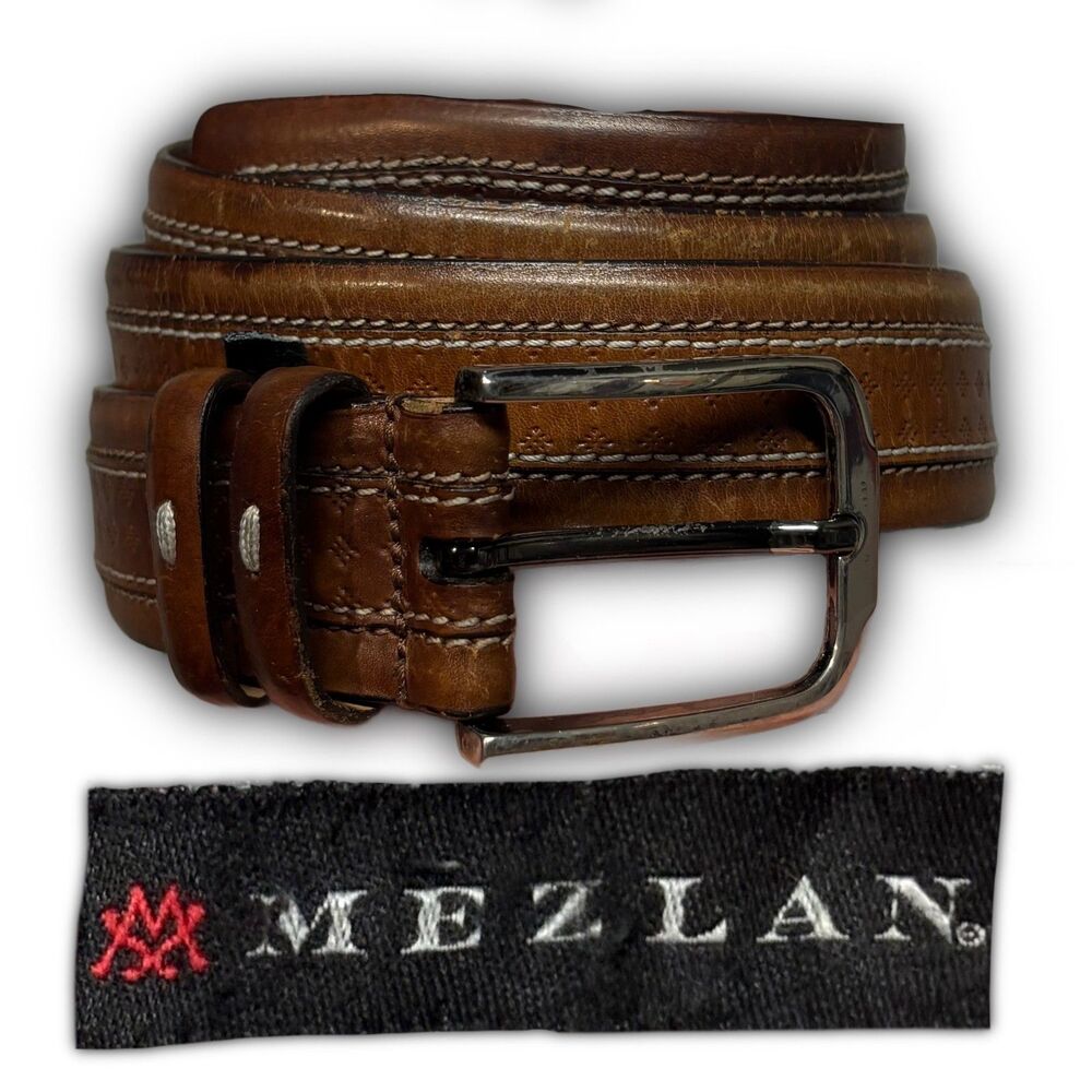 Mezlan Brown Leather Patterned Belt Size 34